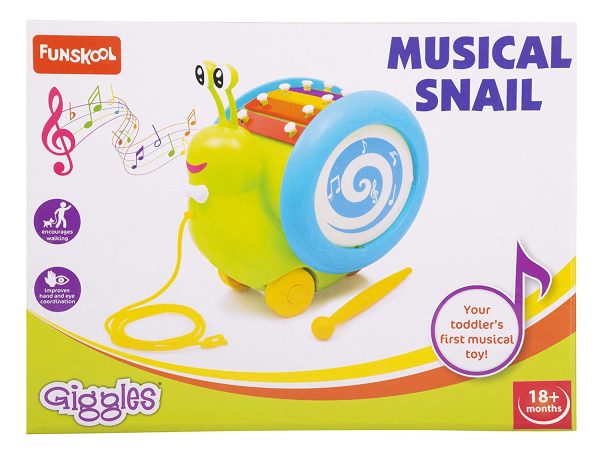 Giggles Funskool Giggles, 3 In 1 Pull Along Musical Snail, Xylophone, Drum And Walking, Pull Along, Preschool Toys, 12 Months & Above, Infant, Multicolour