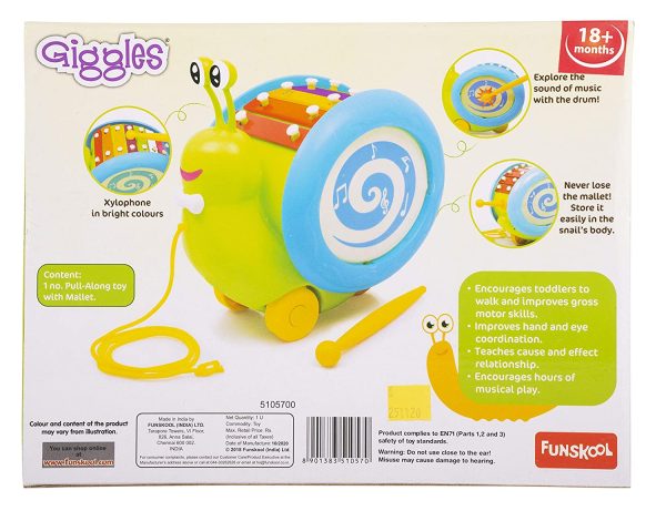 Giggles Funskool Giggles, 3 In 1 Pull Along Musical Snail, Xylophone, Drum And Walking, Pull Along, Preschool Toys, 12 Months & Above, Infant, Multicolour - Image 6